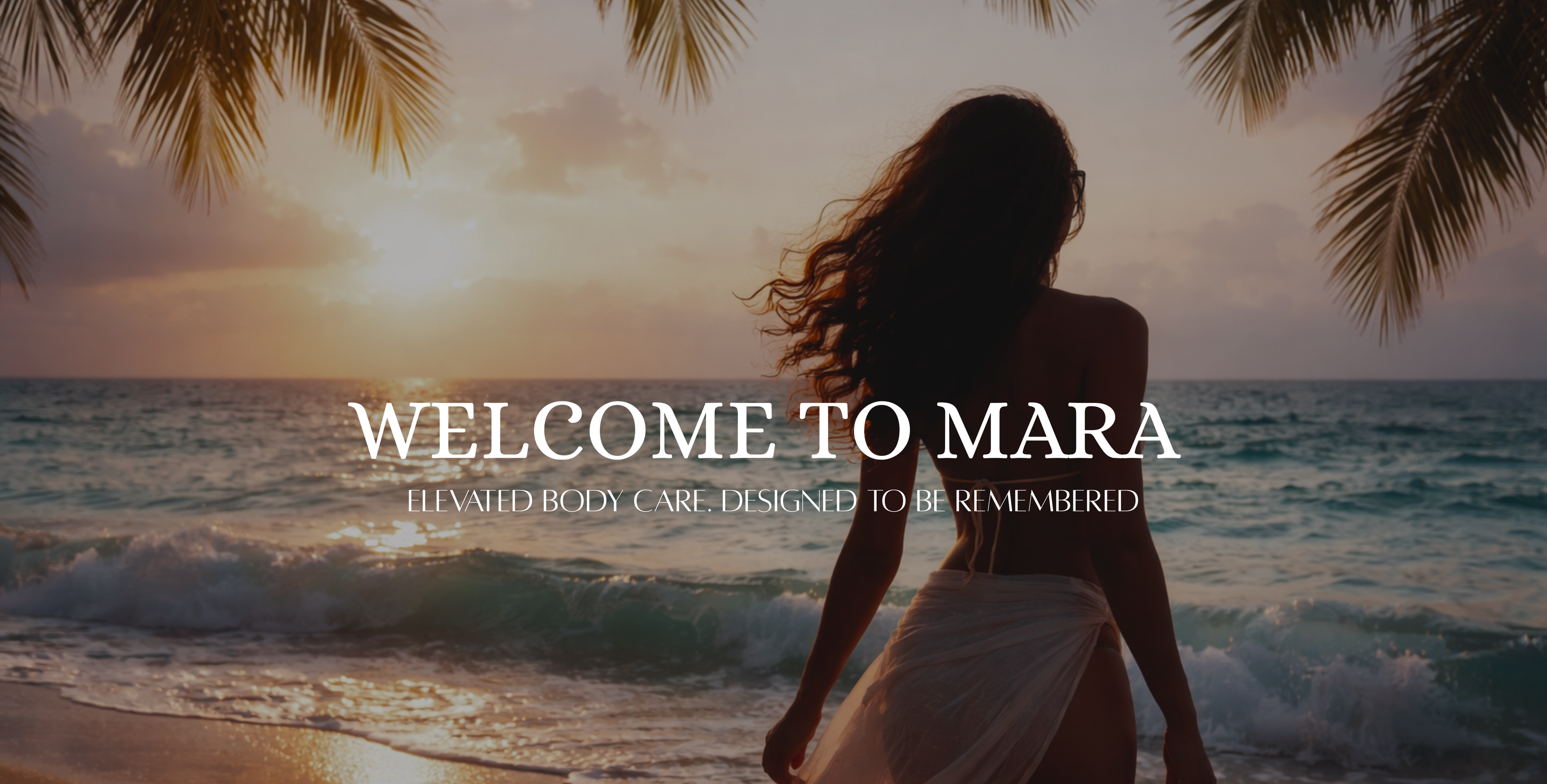 Woman walking on a beach with palm trees at sunset, featuring 'Welcome to Mara' text.